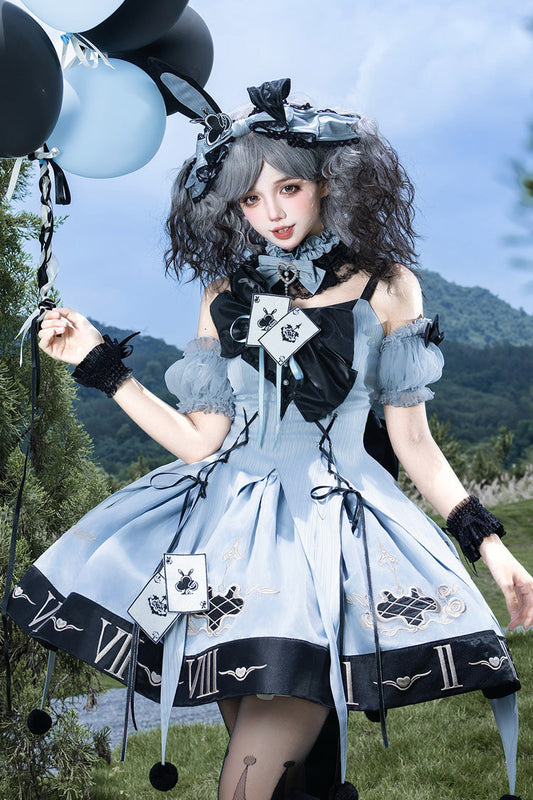 Clock Rabbit Card Game Sleeveless Jacquard Ruffle Embroidered Bow Gothic Jumper Dress