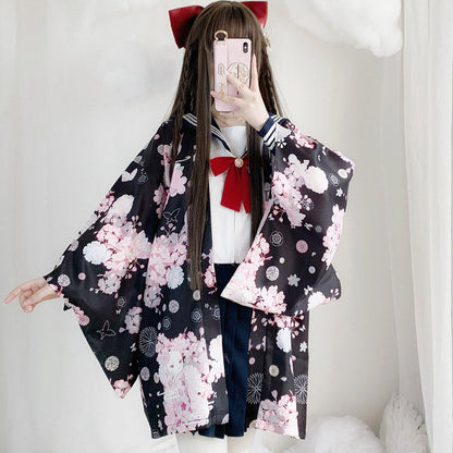 Cat Sakura Print Loose Cardigan Kimono Outerwear