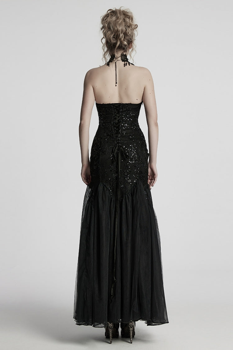 Black Off-Shoulder Embroidered Lace Slim Gothic Fishtail Gown