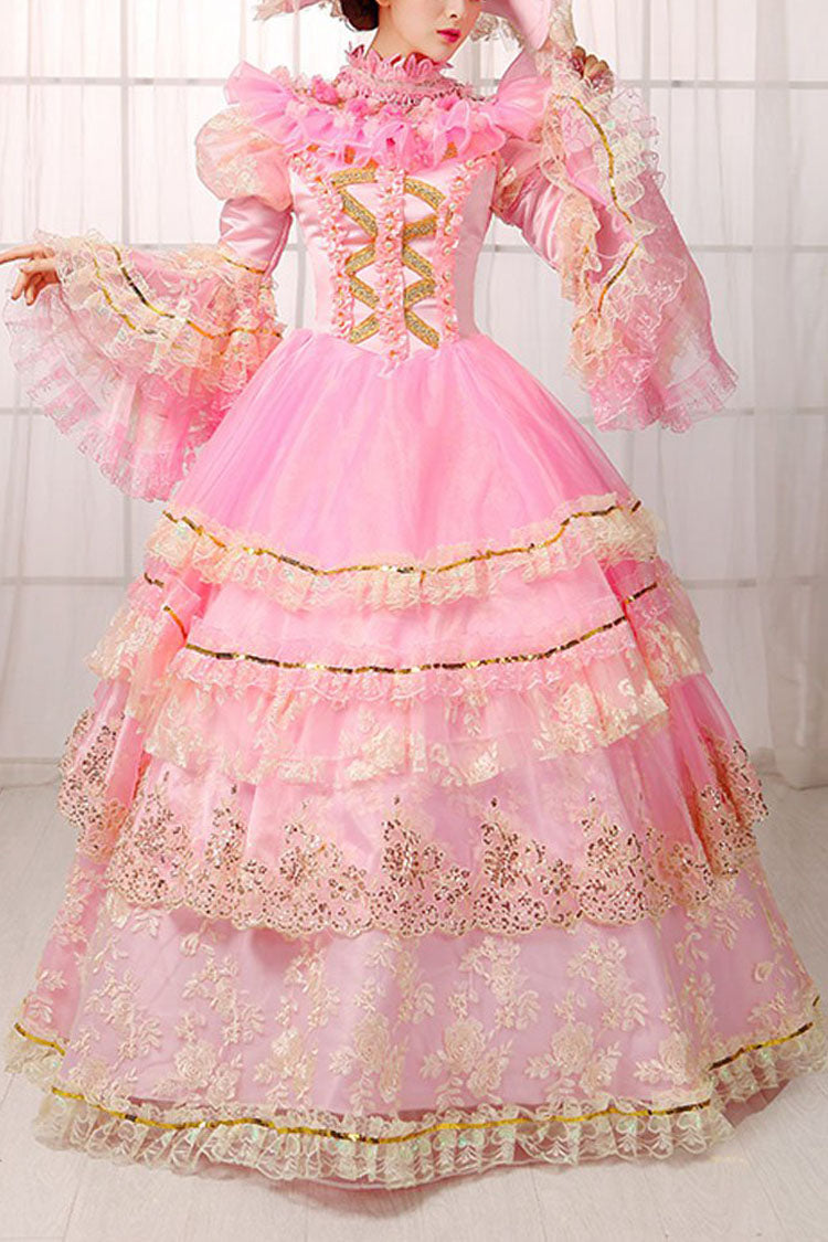 Pink Floral Embroidered Victorian Dress with Bell Sleeves - Altfashion Shop