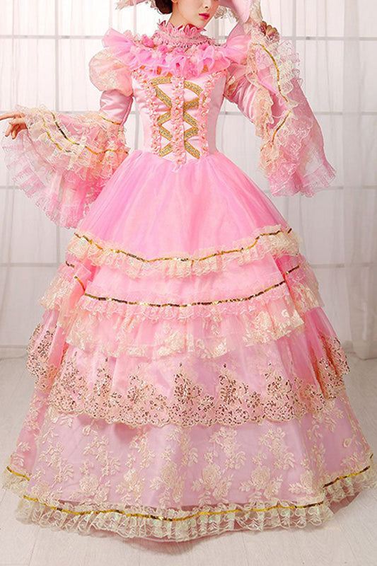 Pink Floral Embroidered Victorian Dress with Bell Sleeves