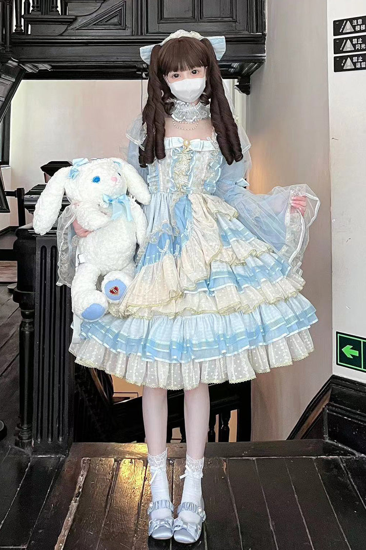 Blue Multilayer Ruffled Bowknot Lace Sweet Princess Lolita Dress