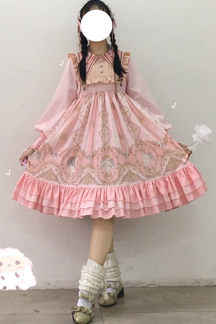 Angel Print Long Sleeve Sweet Lolita Dress with Bow and Ruffles
