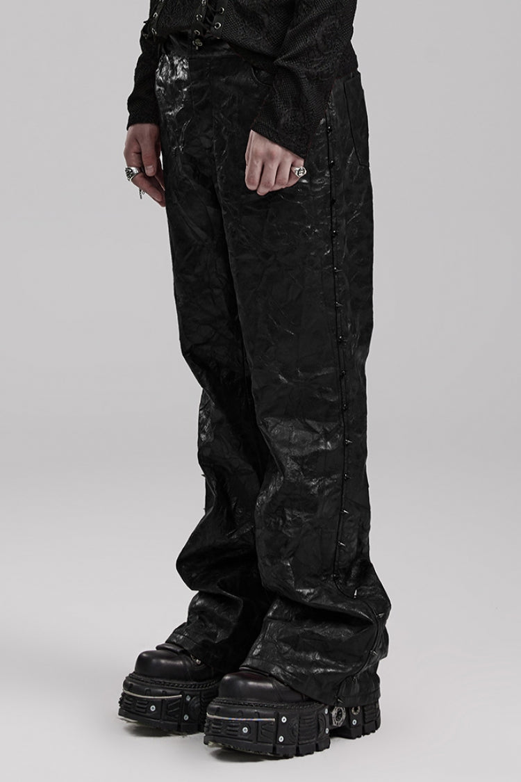 Jet Studded Pleated PU Leather Steampunk Trousers for Men