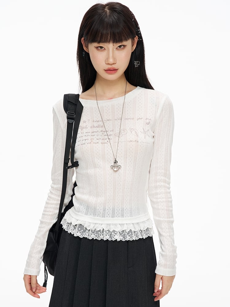 White Lace Trim Round Neck Graphic T-shirt