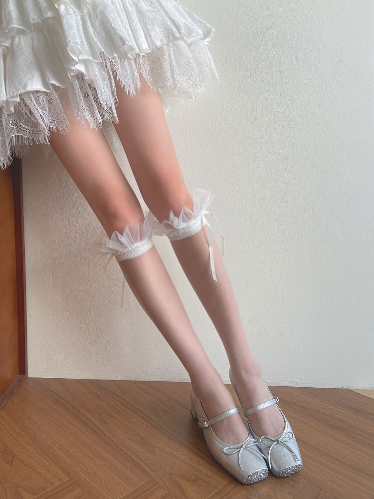 Tulle Bowknot White Details Ruffled Underknee Stockings