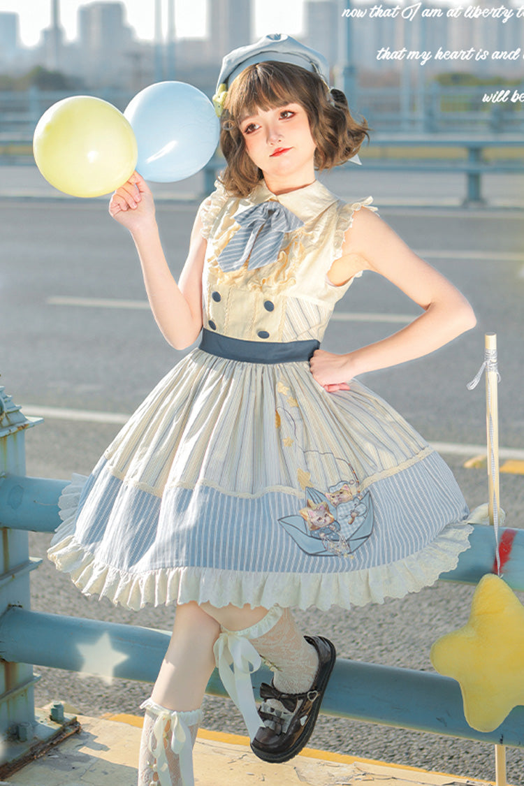 Navy Star-Print Ruffle Sleeveless Bowknot Sweet Lolita Dress