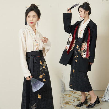 Elegant Bunny Embroideried Coat Shirt Floral High Waist Skirt