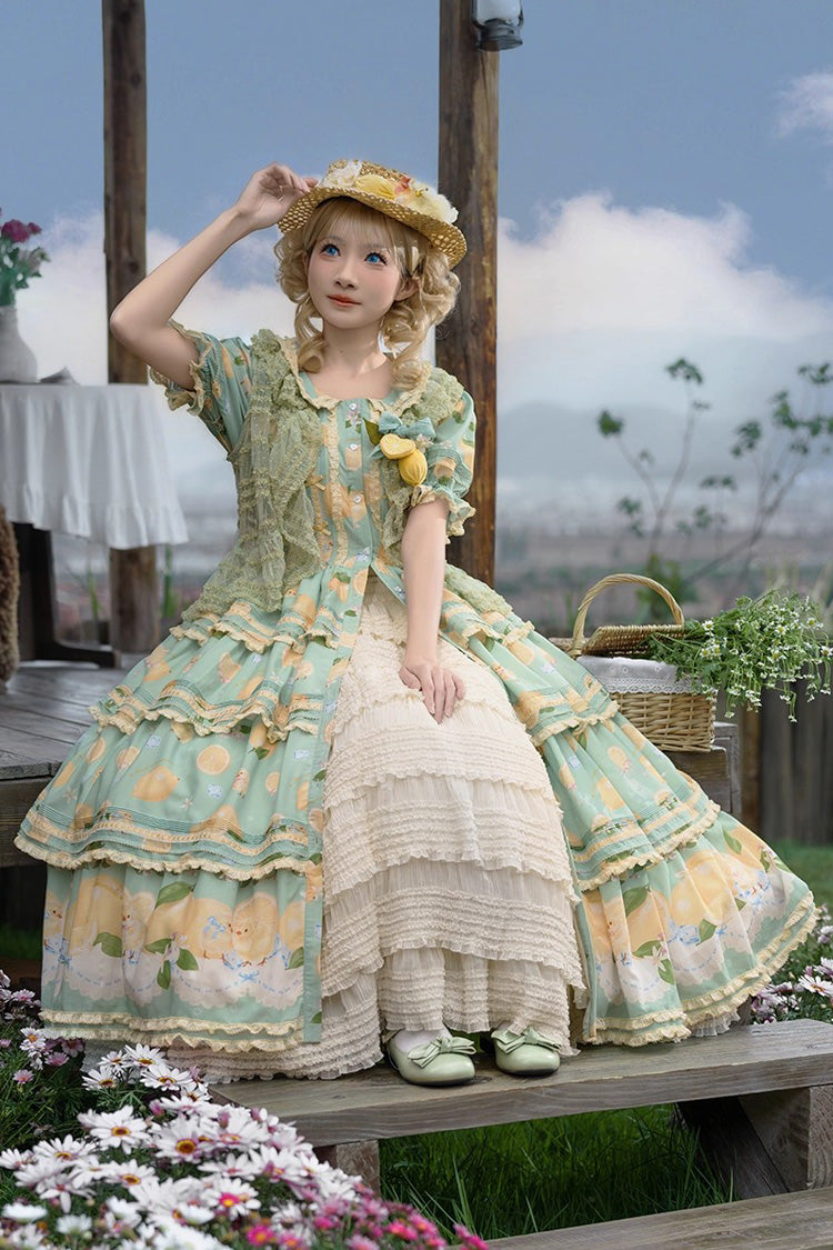 Triple-Layered Print Ruffled Bow Lace Sweet Gorgeous Lolita Dress - Green Lemon Chicken