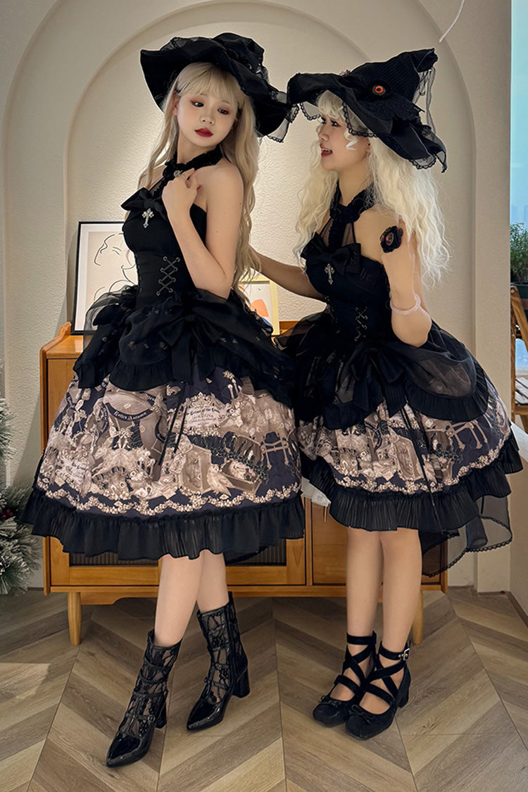 Noir Halter Neck Printed Ruffle Bow Drawstring Gothic Dress - The Mystery of The Doll