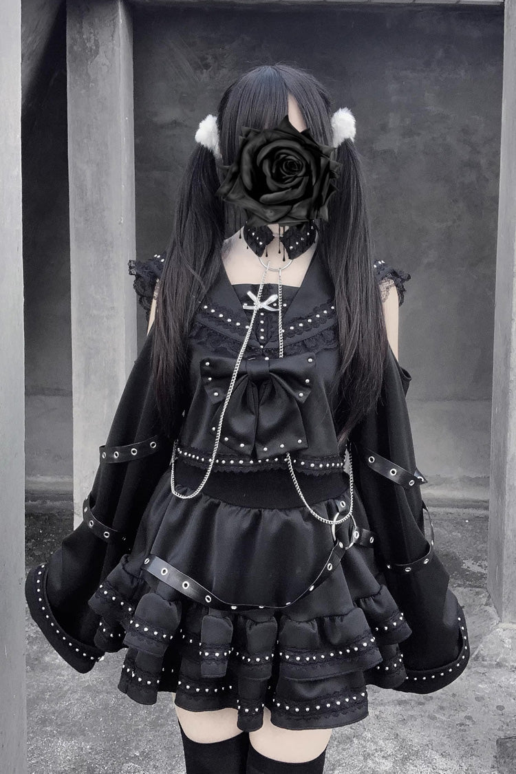 Navy Collar Long Sleeves Ruffled Bow Studded Gothic Jirai Kei Top and Skirt Set