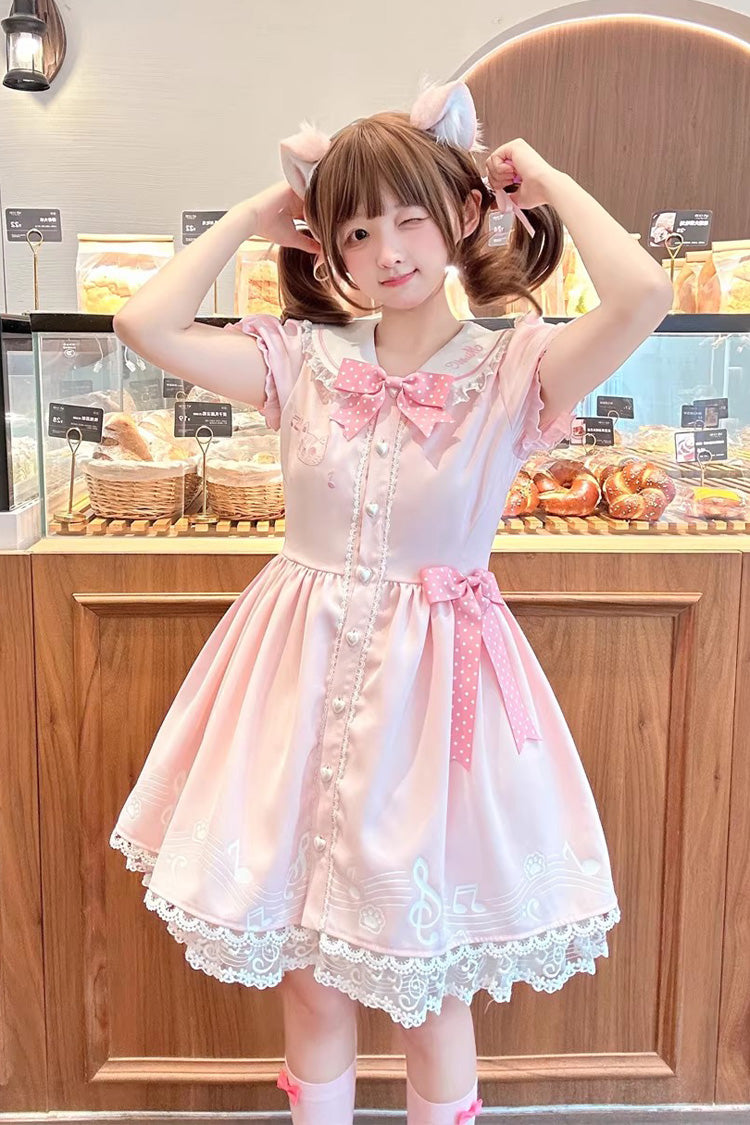 Pink Melody Kitty Doll Collar Short Sleeves Ruffled Embroidered Bow Lace Sweet Dress
