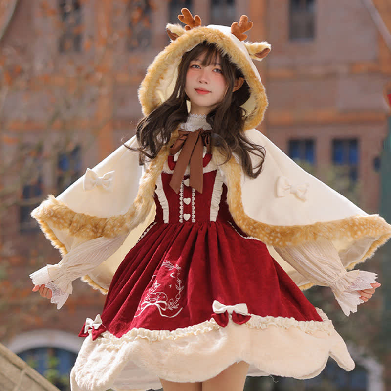 Cartoon Antler Plush Hooded Cloak Lolita Coat