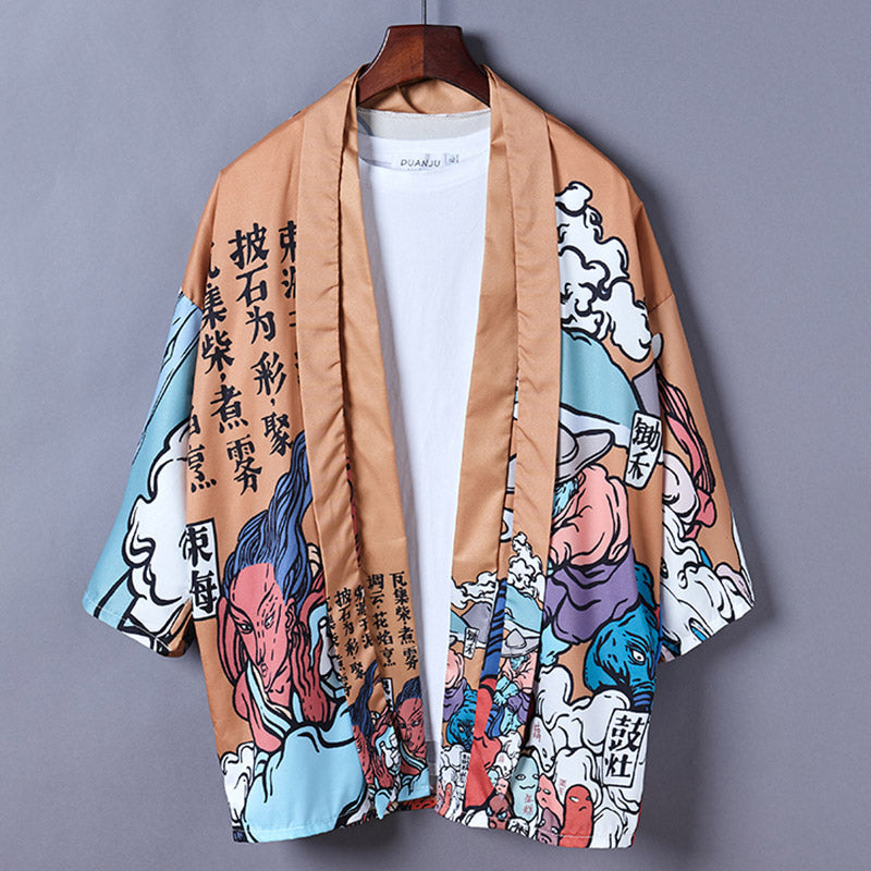 Cartoon Fire Print Casual Vintage Kimono Outerwear