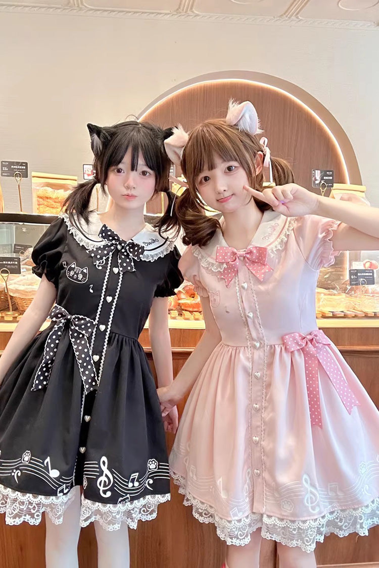 Pink Melody Kitty Doll Collar Short Sleeves Ruffled Embroidered Bow Lace Sweet Dress