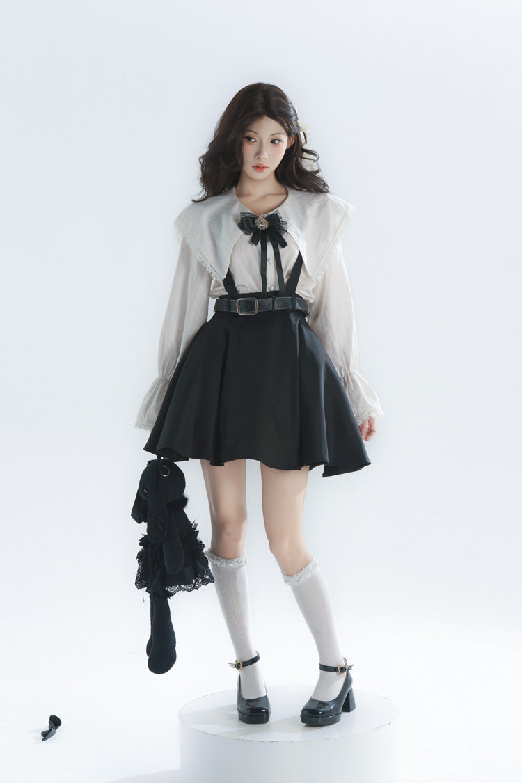 Monochrome Notch Collar Bow Detail Classic Lolita Strap Dress Set