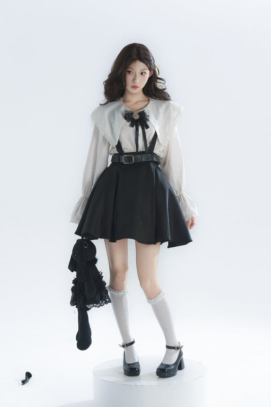 Monochrome Notch Collar Bow Detail Classic Lolita Strap Dress Set