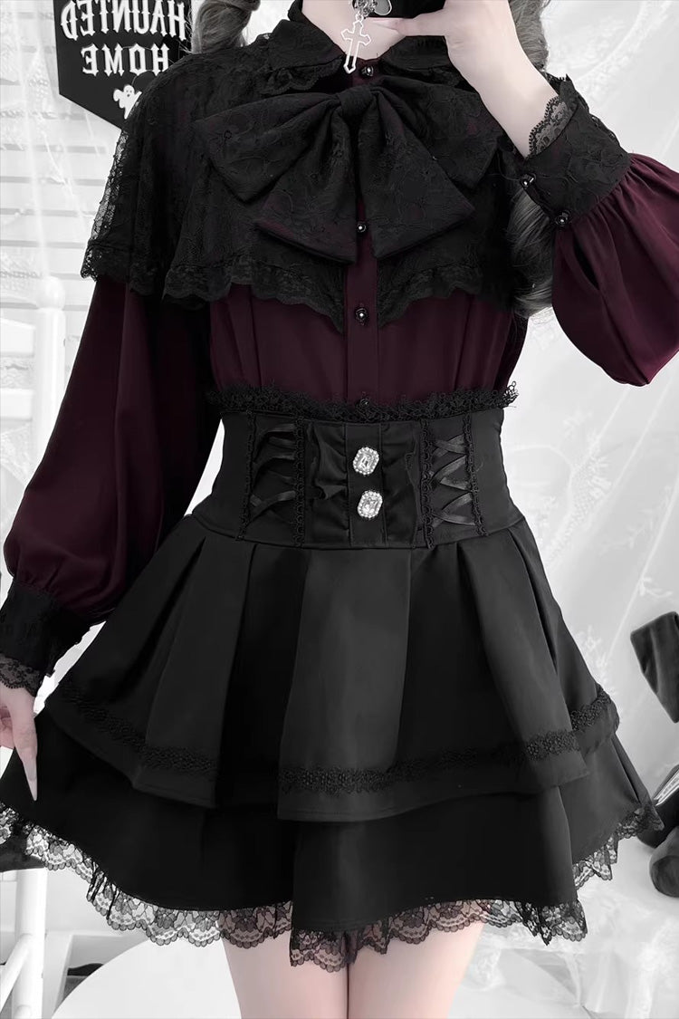 Dark Moon Shadow Double-Layered Ruffled Embroidered Bow Corset Gothic Jirai Kei Top and Skirt Set