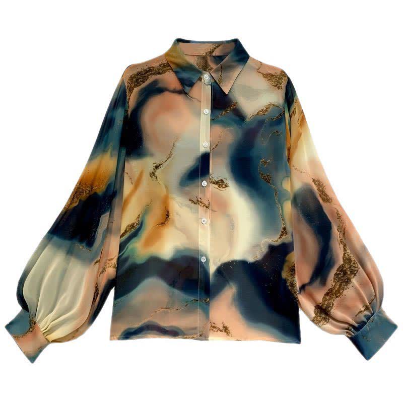 Fashion Colorblock Tie-dye Print Puff Sleeve Shirt