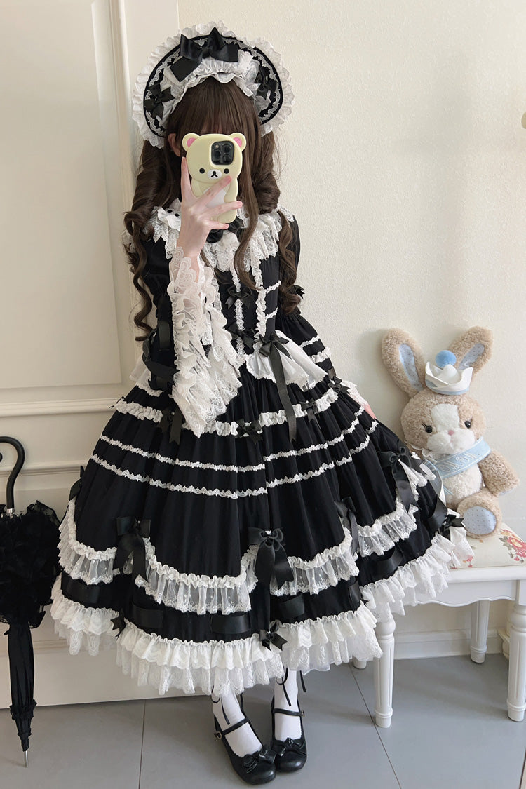 Black Round Collar Long Trumpet Sleeve Bow Lace Elegant Princess Dress