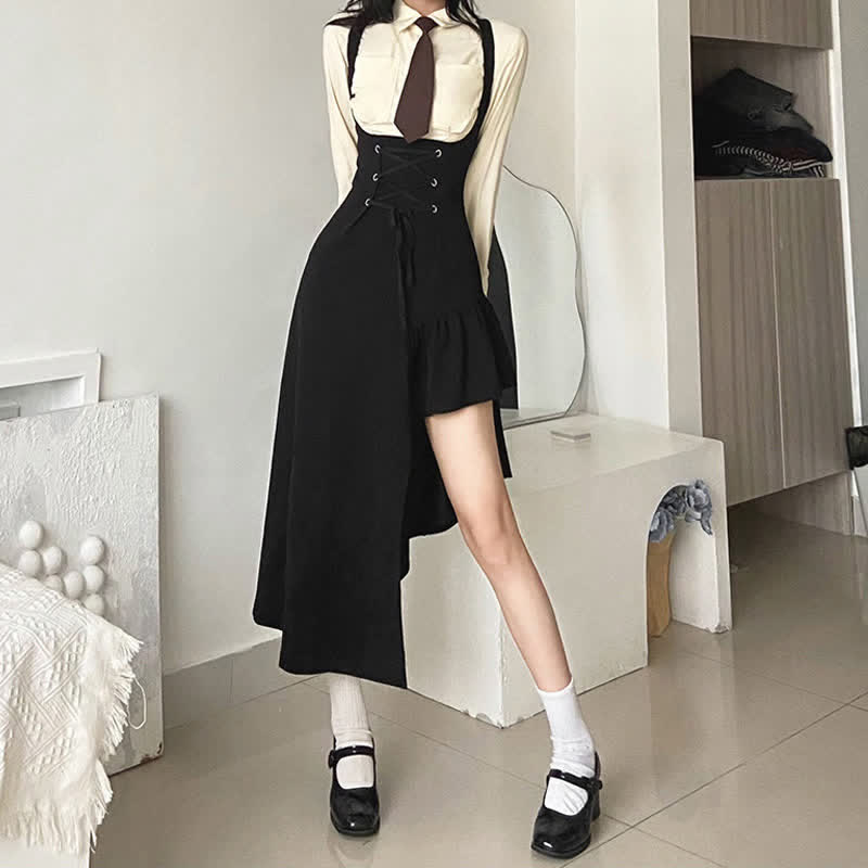 Chic Pocketed Tie Polo T-Shirt Irregular Lace Up Suspender Dress