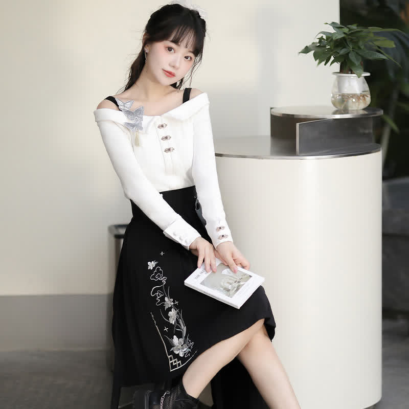 Sweet Embroidery Off The Shoulder Butterfly Shirt Irregualr Bow Pleated Skirt