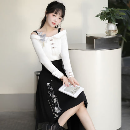 Sweet Embroidery Off The Shoulder Butterfly Shirt Irregualr Bow Pleated Skirt