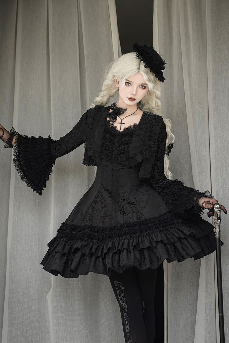 Escape Double-Layered Jacquard Striped Ruffled Slim Gothic Lolita Jumper Dress in Three Shades