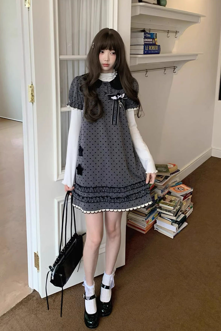 Ash Doll-Collar Polka Dot Bow Lolita Gown with Short Sleeves