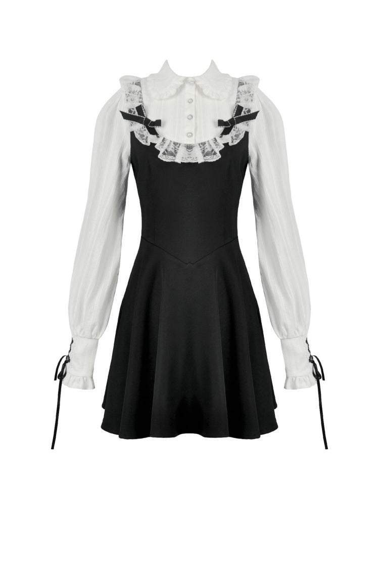 Black/White Faux Two-Piece Doll Collar Long Sleeves Lace-Up Women's Lolita Gothic Graduation Dress