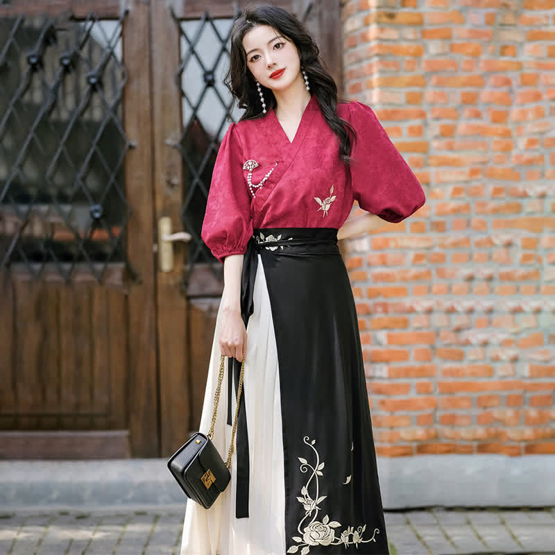 Vintage Rose Embroidery Shirt Stitching Pleated Skirt