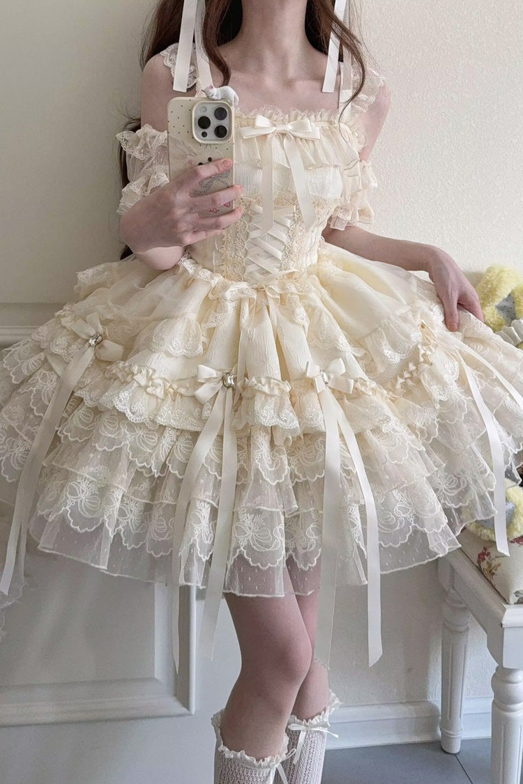 Peach Sleeveless Layered Ruffle Bow Lace Corset Ballet Jumper Dress - Ribbon Heart Love