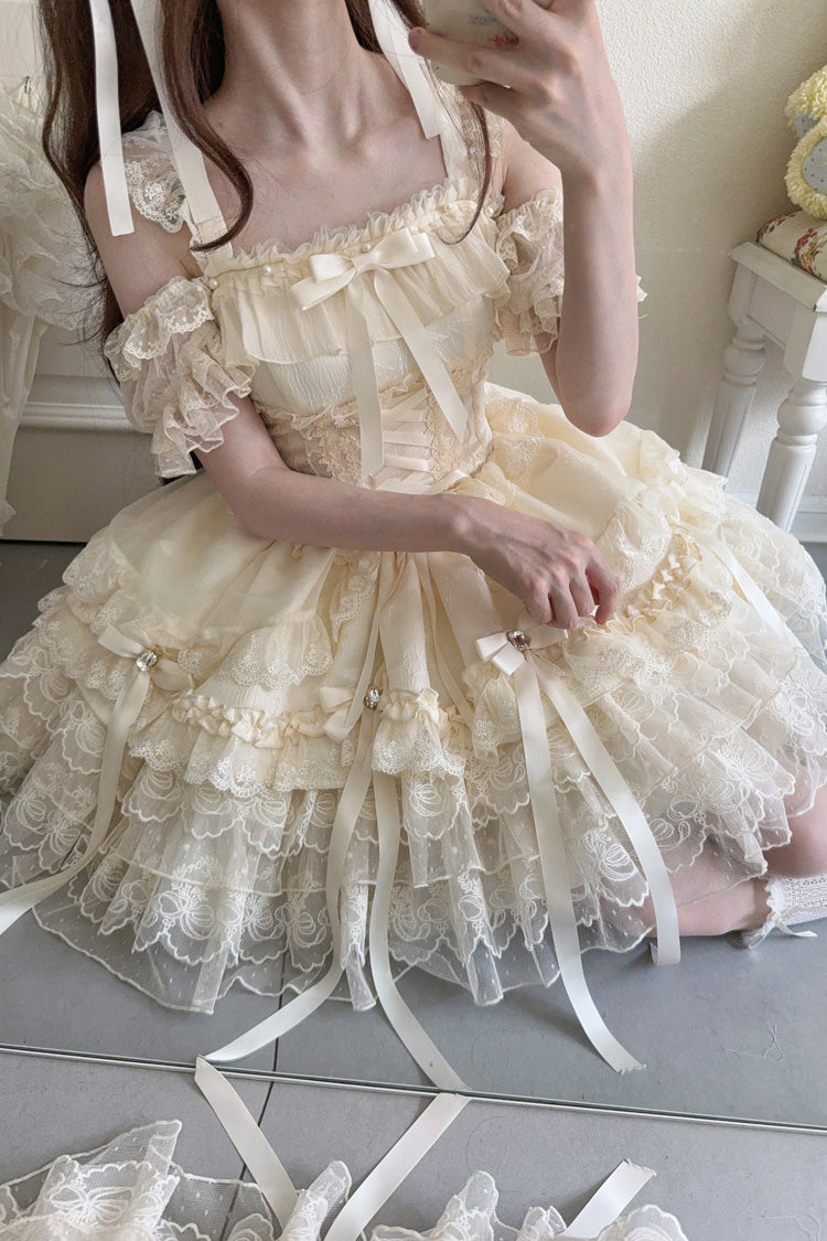 Peach Sleeveless Layered Ruffle Bow Lace Corset Ballet Jumper Dress - Ribbon Heart Love