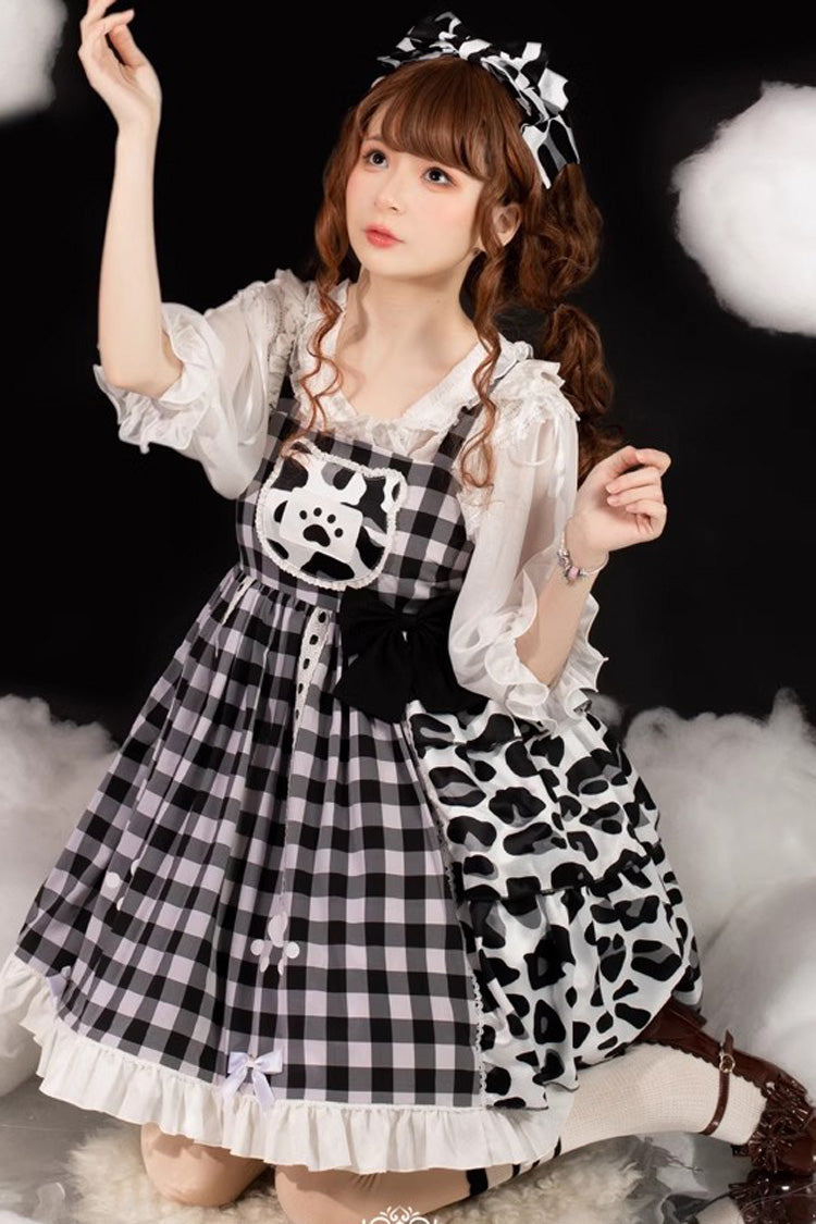 Monochrome Sweet JSK with Plaid, Cow Print, Bow, and Cat Claw Motifs