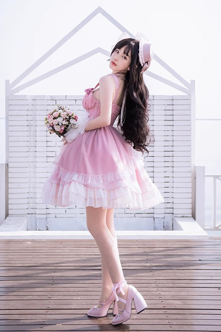 Gradient Pink Fish Bone Ballet Sweet JSK