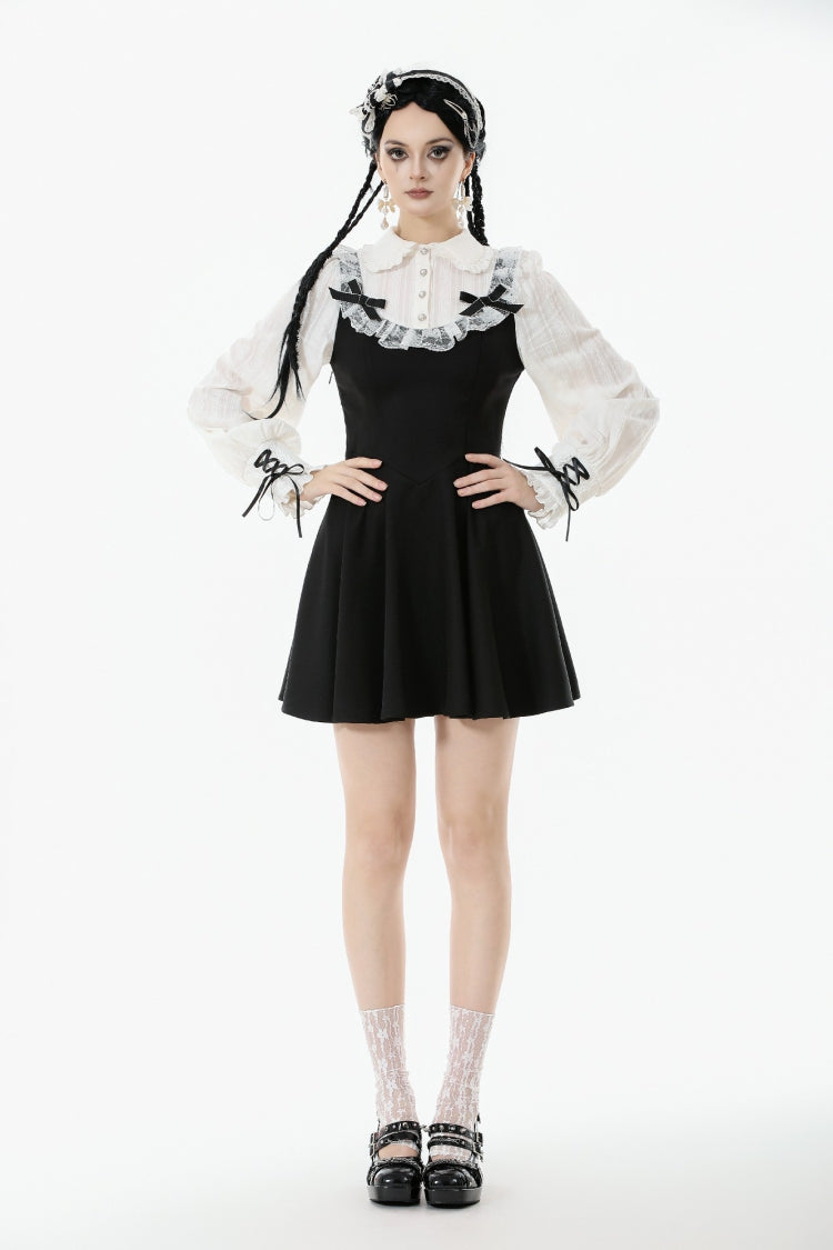 Black/White Faux Two-Piece Doll Collar Long Sleeves Lace-Up Women's Lolita Gothic Graduation Dress