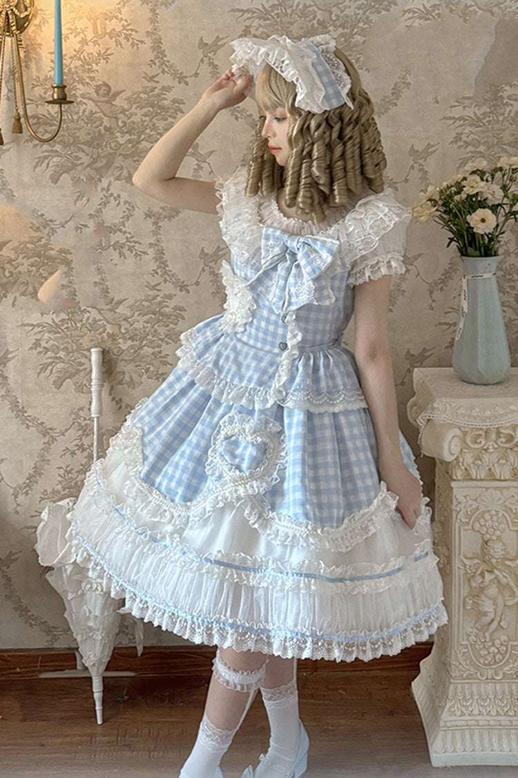 Tea Break Sweetheart Short Sleeve Plaid Print Ruffle Sweet Lolita Gown