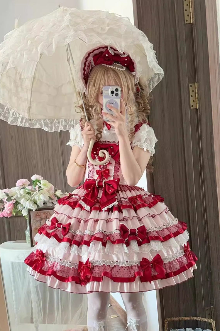 Ribbon Berries Sleeveless Multi-Layered Ruffled Bow Lace Sweet Lolita JSK Dress - Red