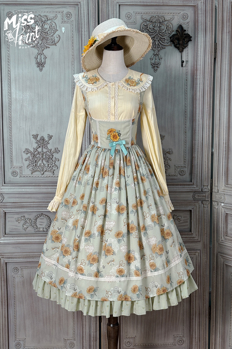 Green Sunflower Sleeveless Floral Bow Elegant Uplift Jsk