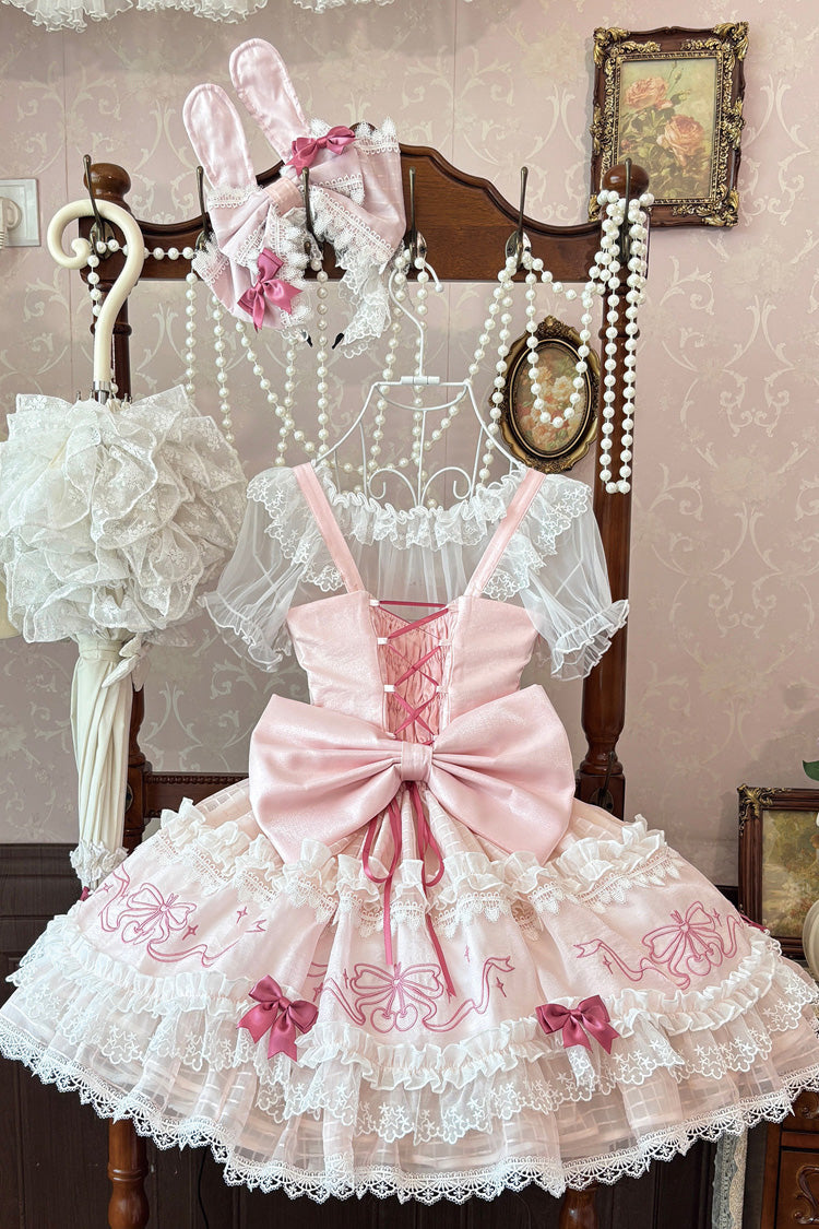 Blush Flutter-Sleeve Embroidered Square Neck Ruffled Lolita JSK - Sweetheart Bunny