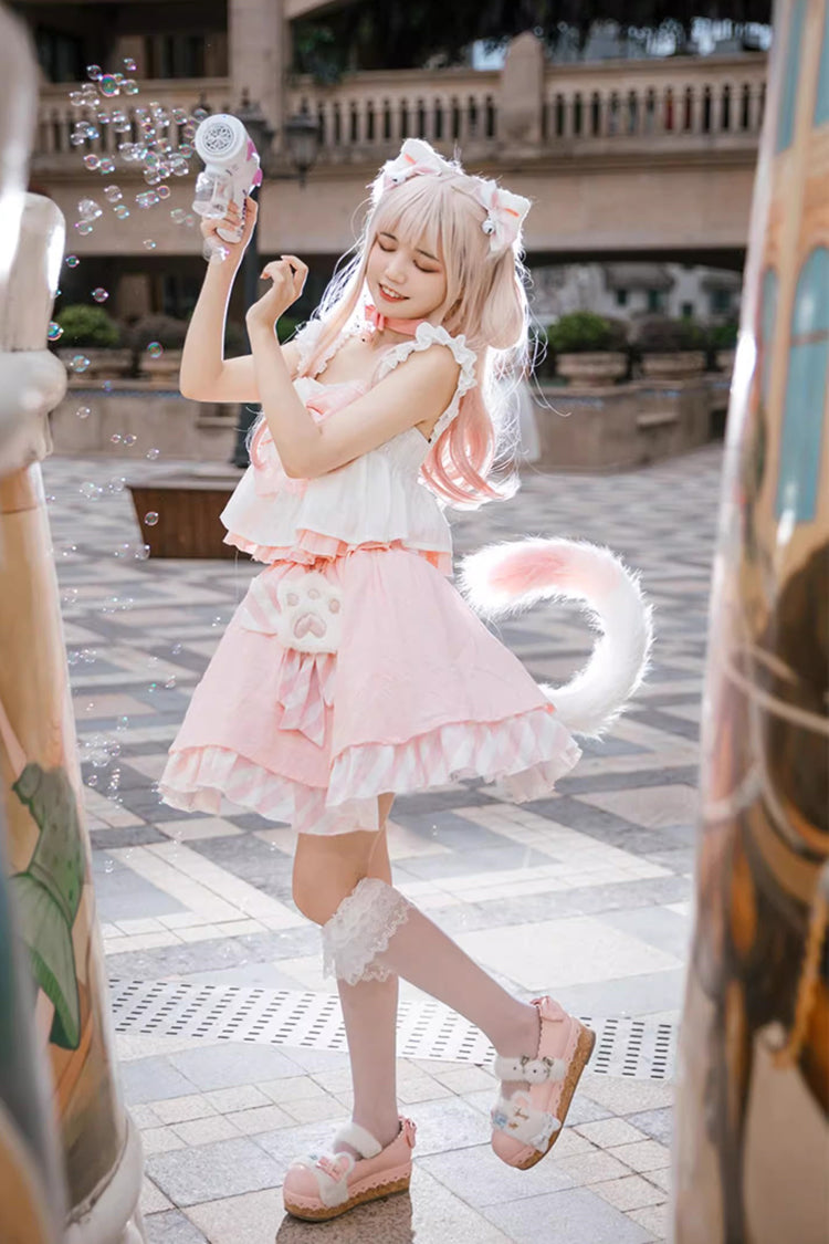 Miss Meow Print Bowknot Skirt Set