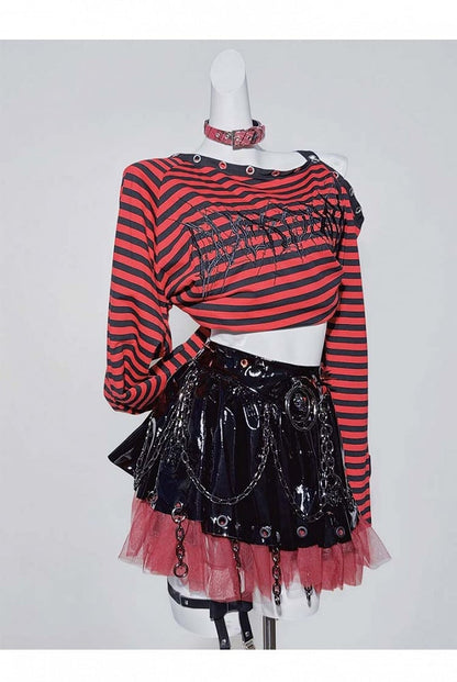 Punk Studs Red Lace Trim Black PU Skirt