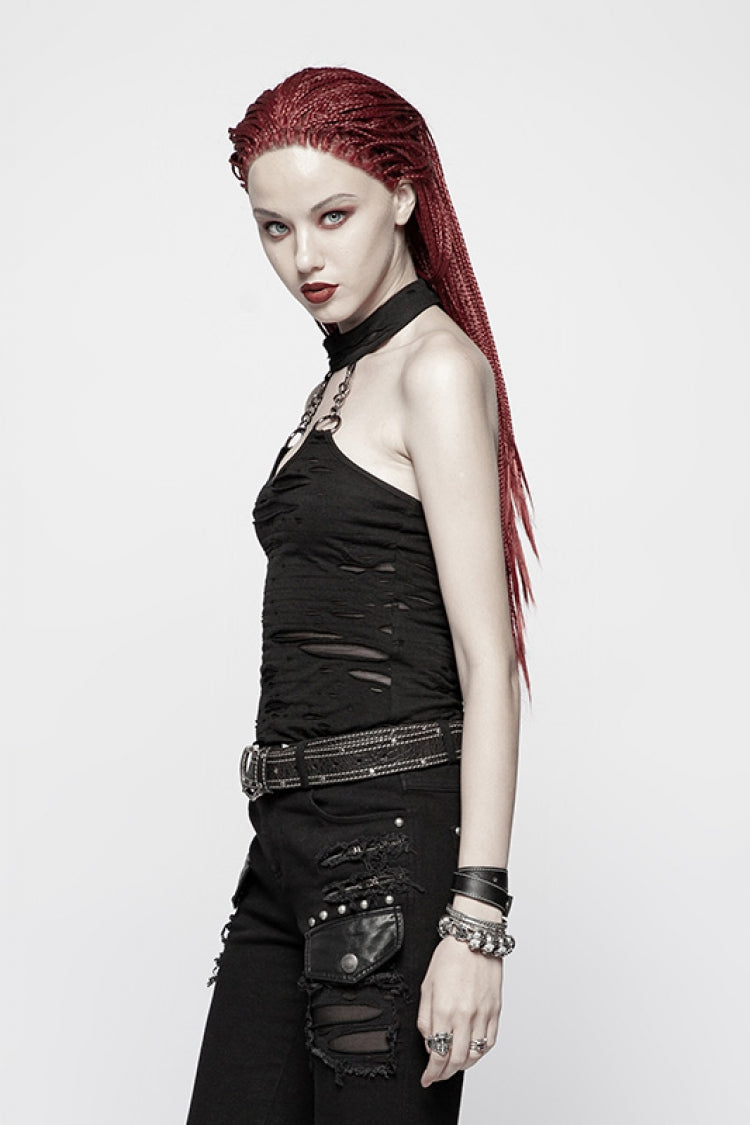 Sable Chain Sleeveless Ripped Halter Steampunk Vest for Women