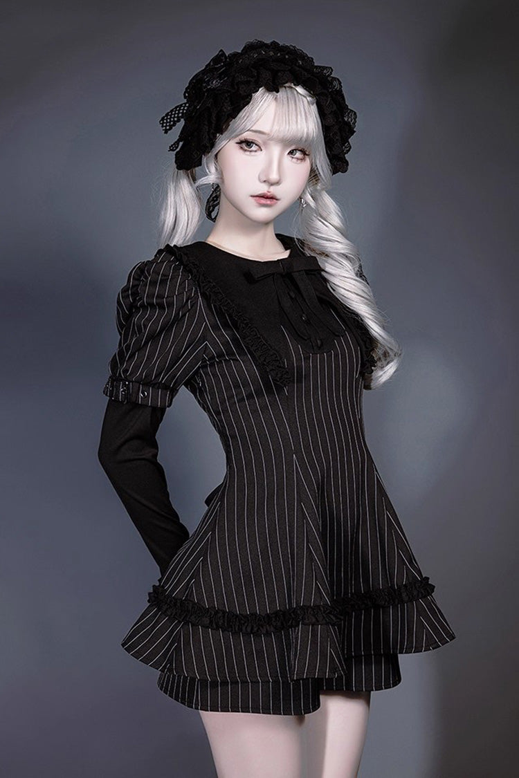 Black Long Sleeve Vertical Stripe Print Ruffled Bow Jirai Kei Witch Set