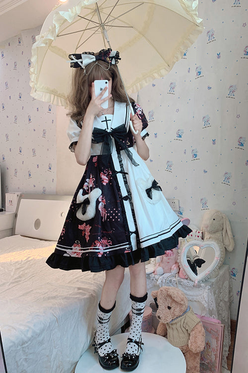 Monochrome Sailor Collar Berry Bear Print Ruffled Hem Sweet Dress