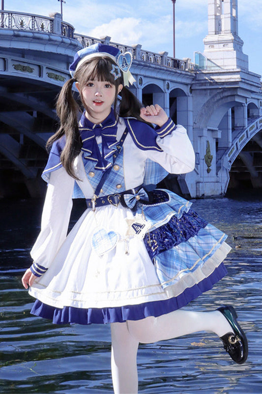 White Blue Starlight Academy Style Long Sleeves Printed Ruffled Spliced Asymmetric Faux Two-Piece Sweet Dress