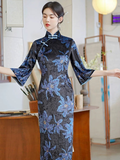 Blue Floral Cheongsam Dress