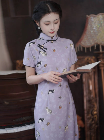 Purple Kitten Cheongsam Dress