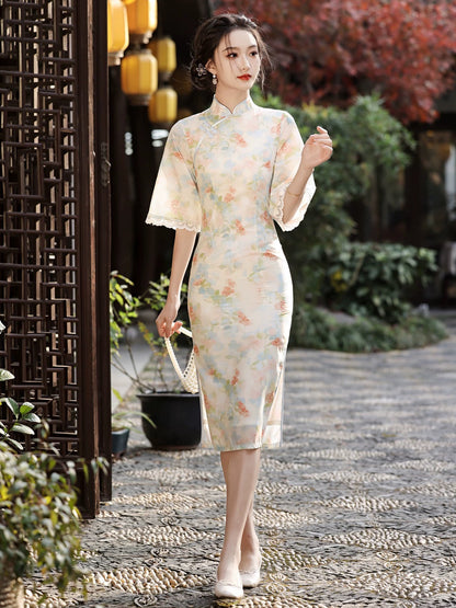 Spring Floral Wide Sleeve Long Cheongsam