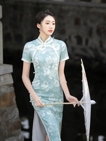 Light Green Floral Cheongsam Dress